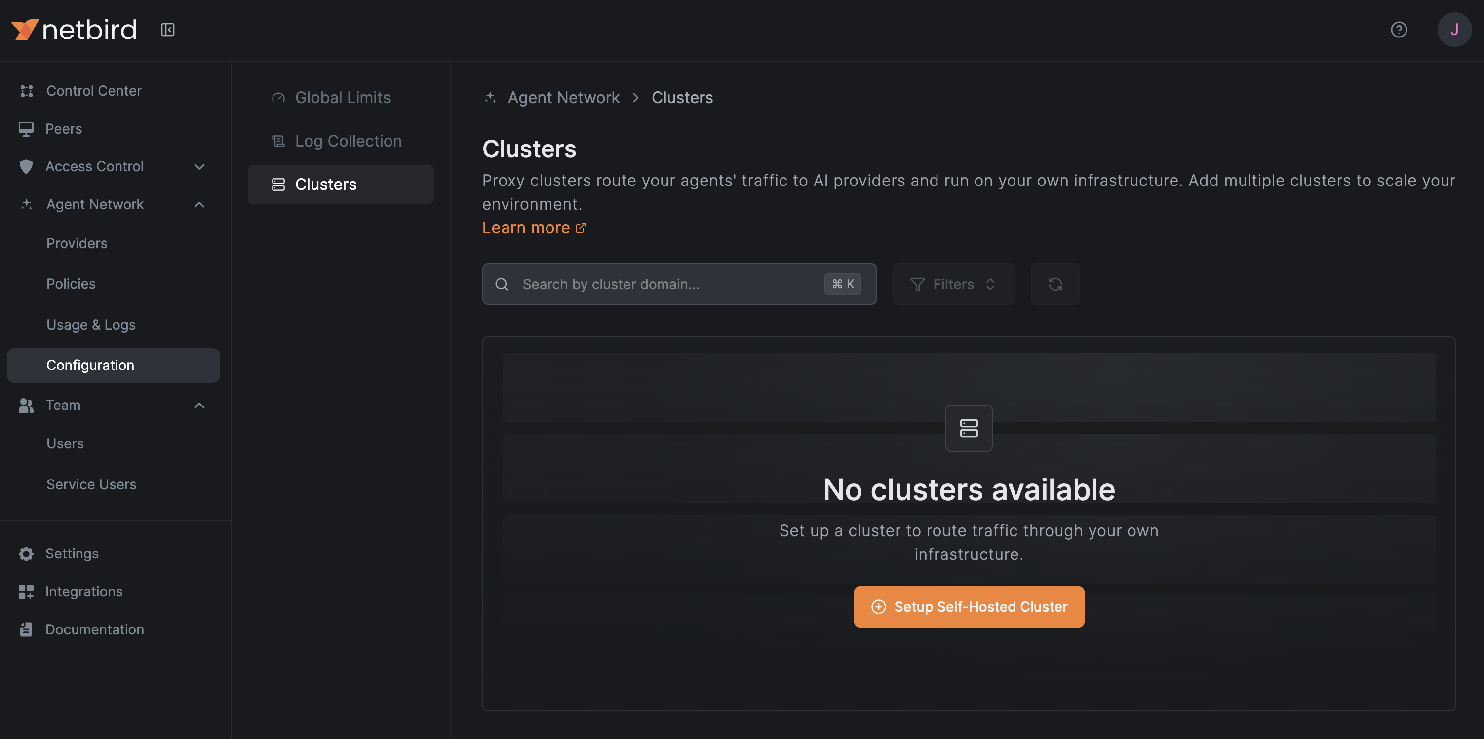 Agent Network clusters list under Configuration