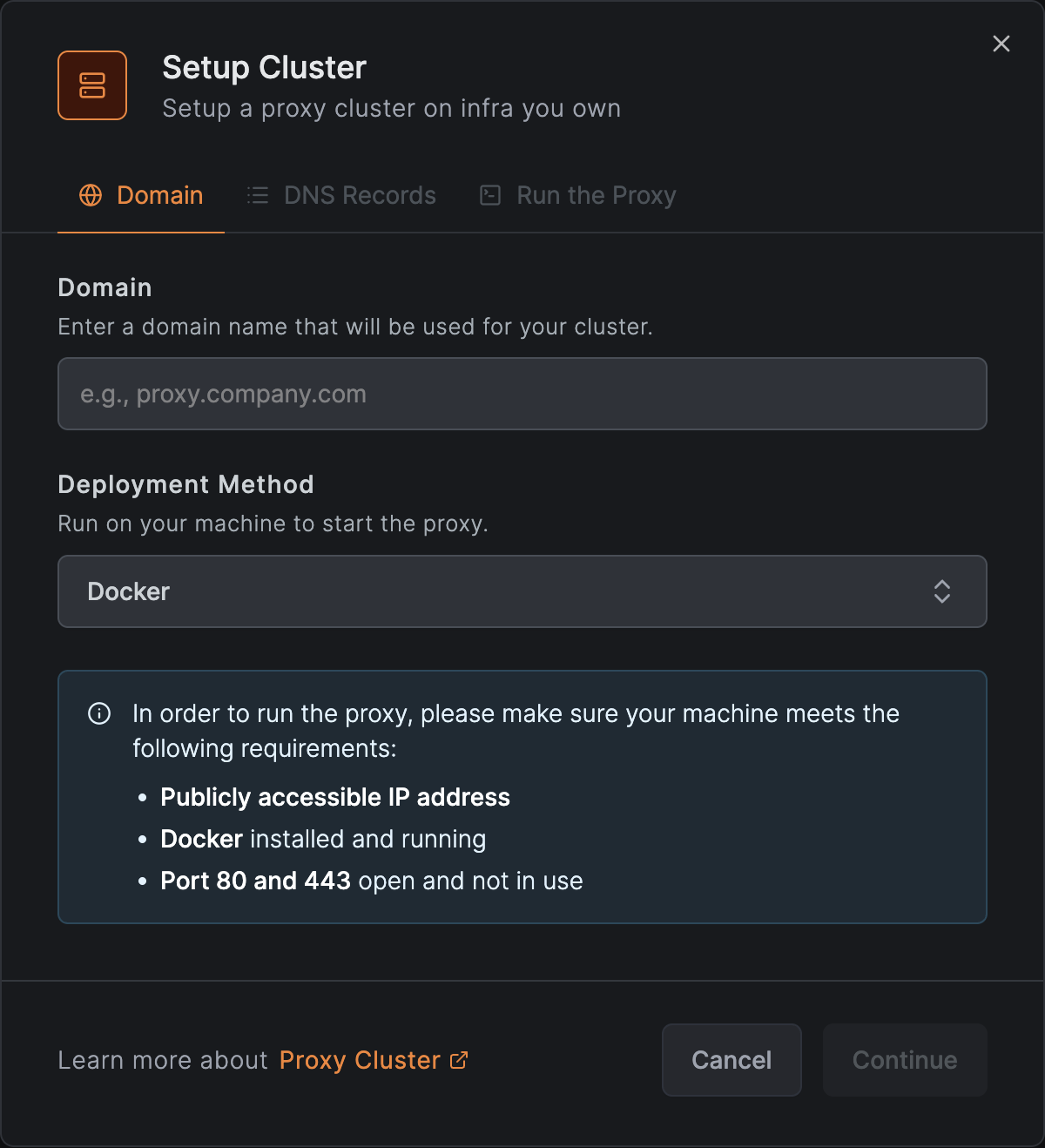 Setup Cluster wizard with domain and deployment method