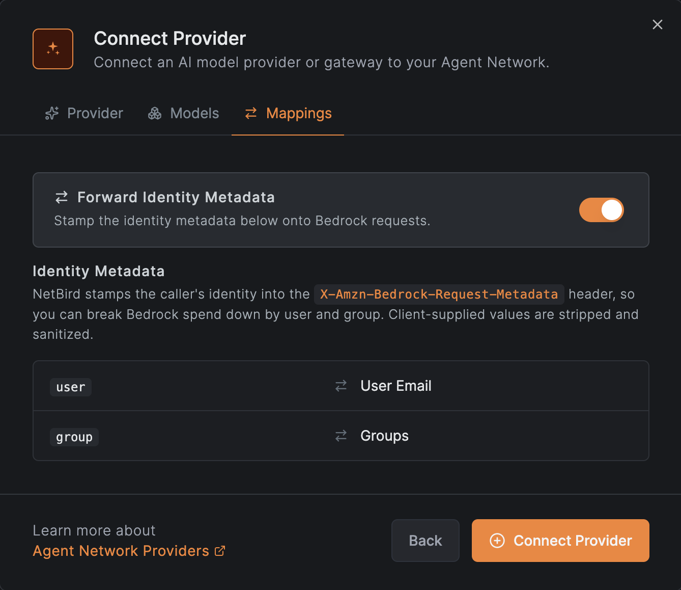 Bedrock identity metadata mapping: user to user email and group to groups in the X-Amzn-Bedrock-Request-Metadata header