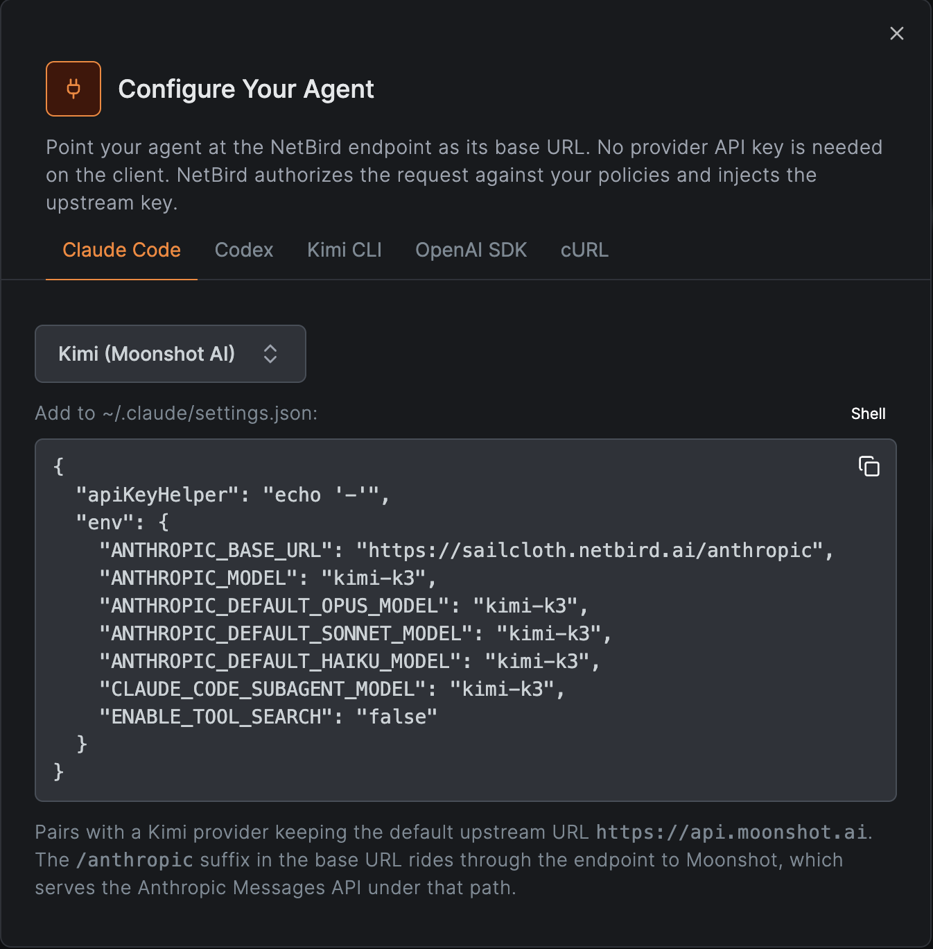 NetBird Configure Your Agent modal showing the Claude Code settings.json configuration for Kimi (Moonshot AI)