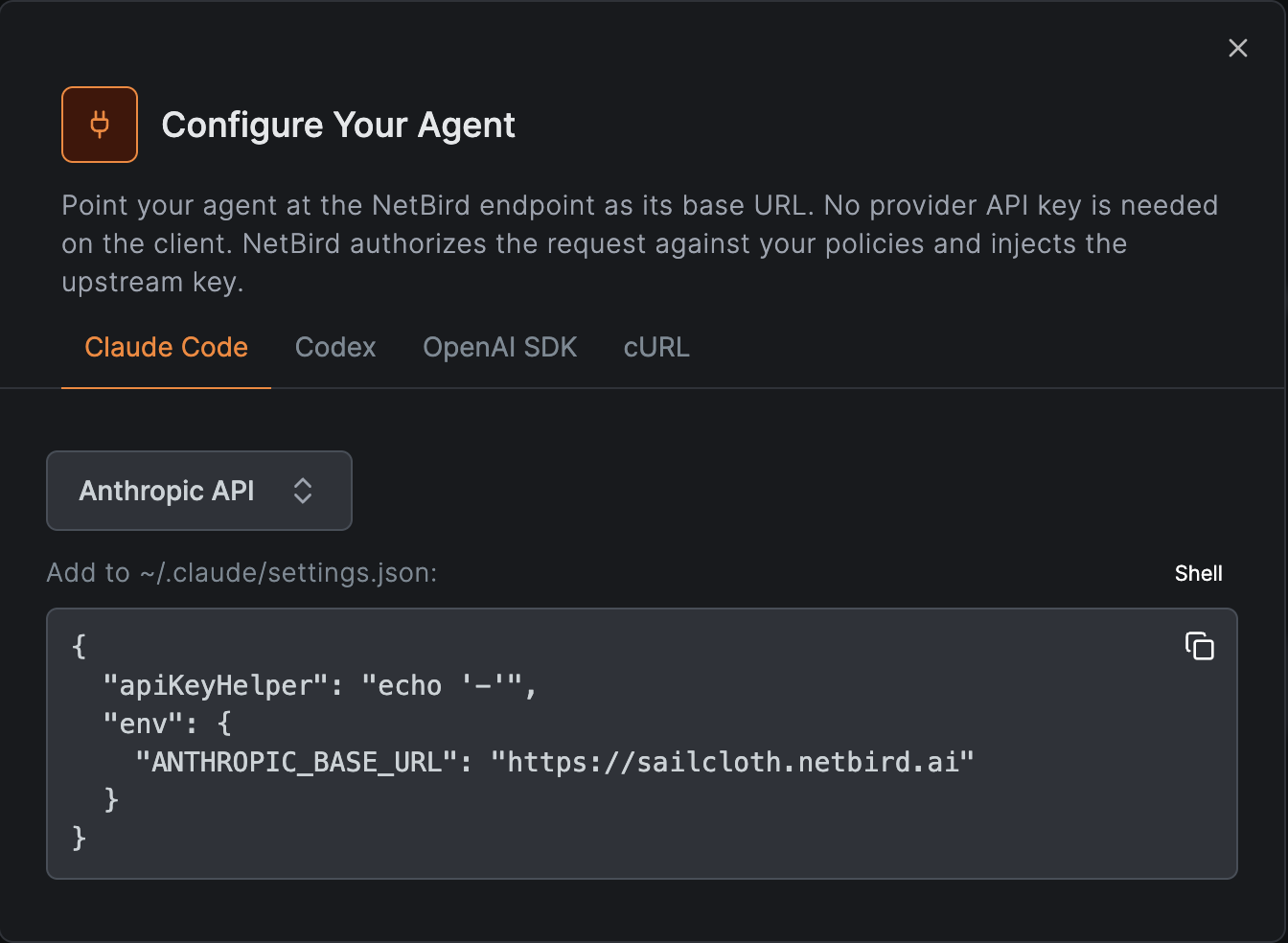 NetBird Configure Your Agent modal showing Claude Code configuration