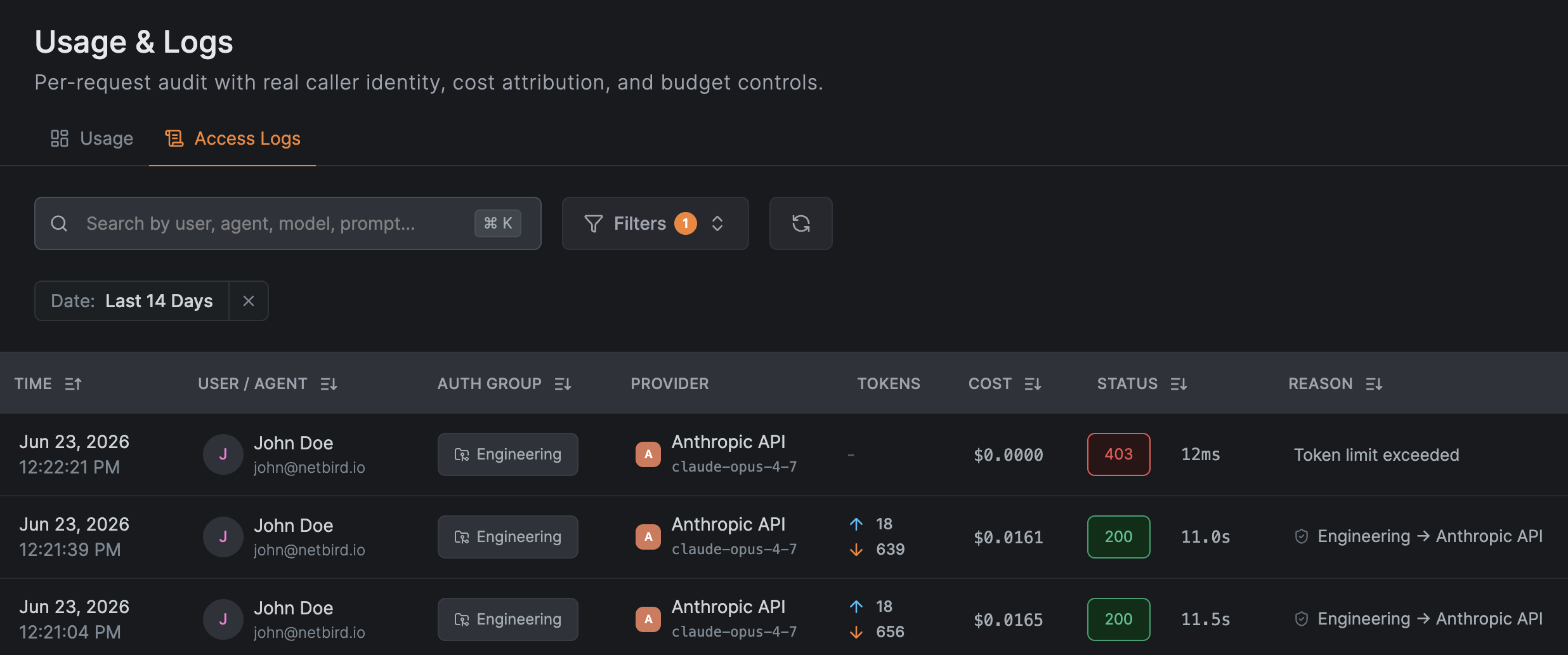 agent network usage & logs