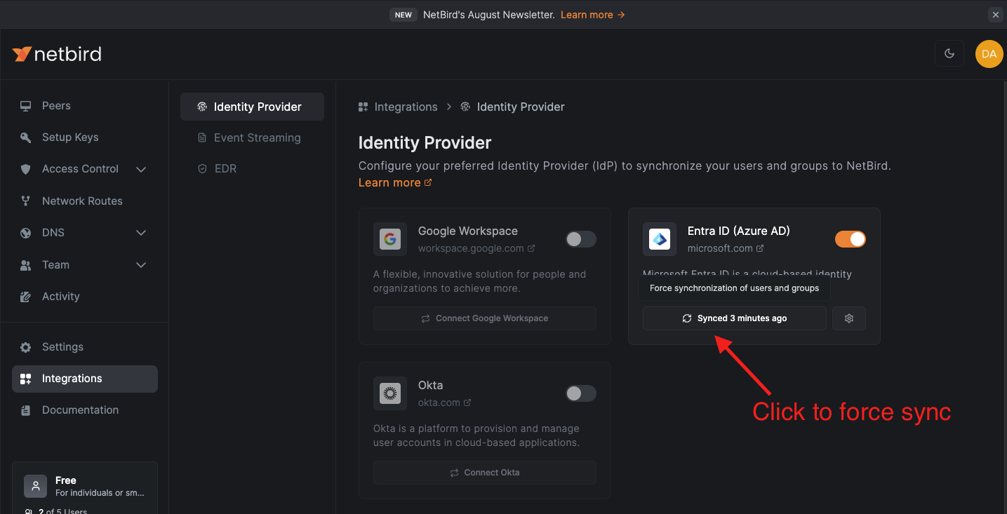 NetBird Integrations Force Sync