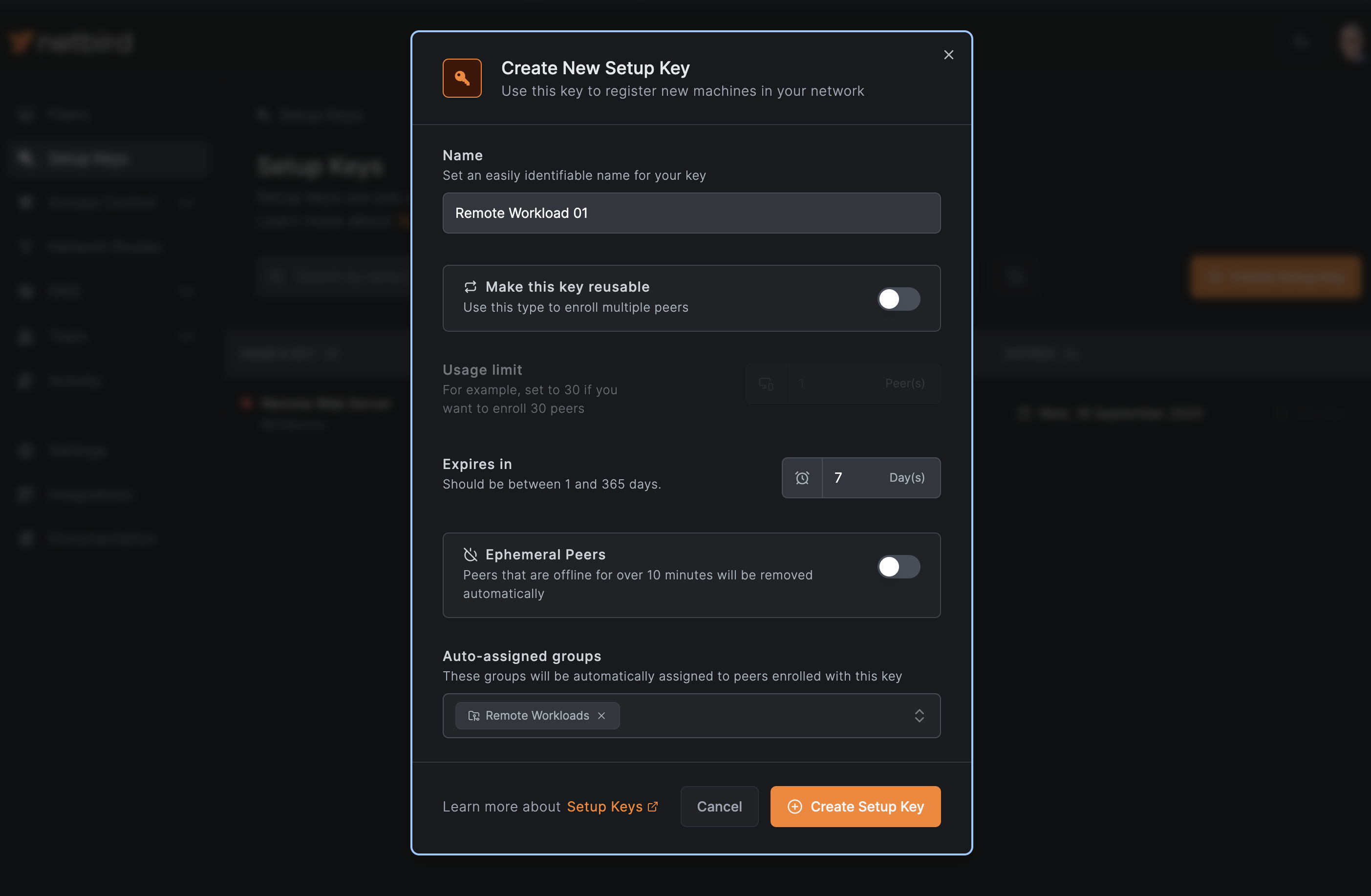 NetBird Creating Setup Key