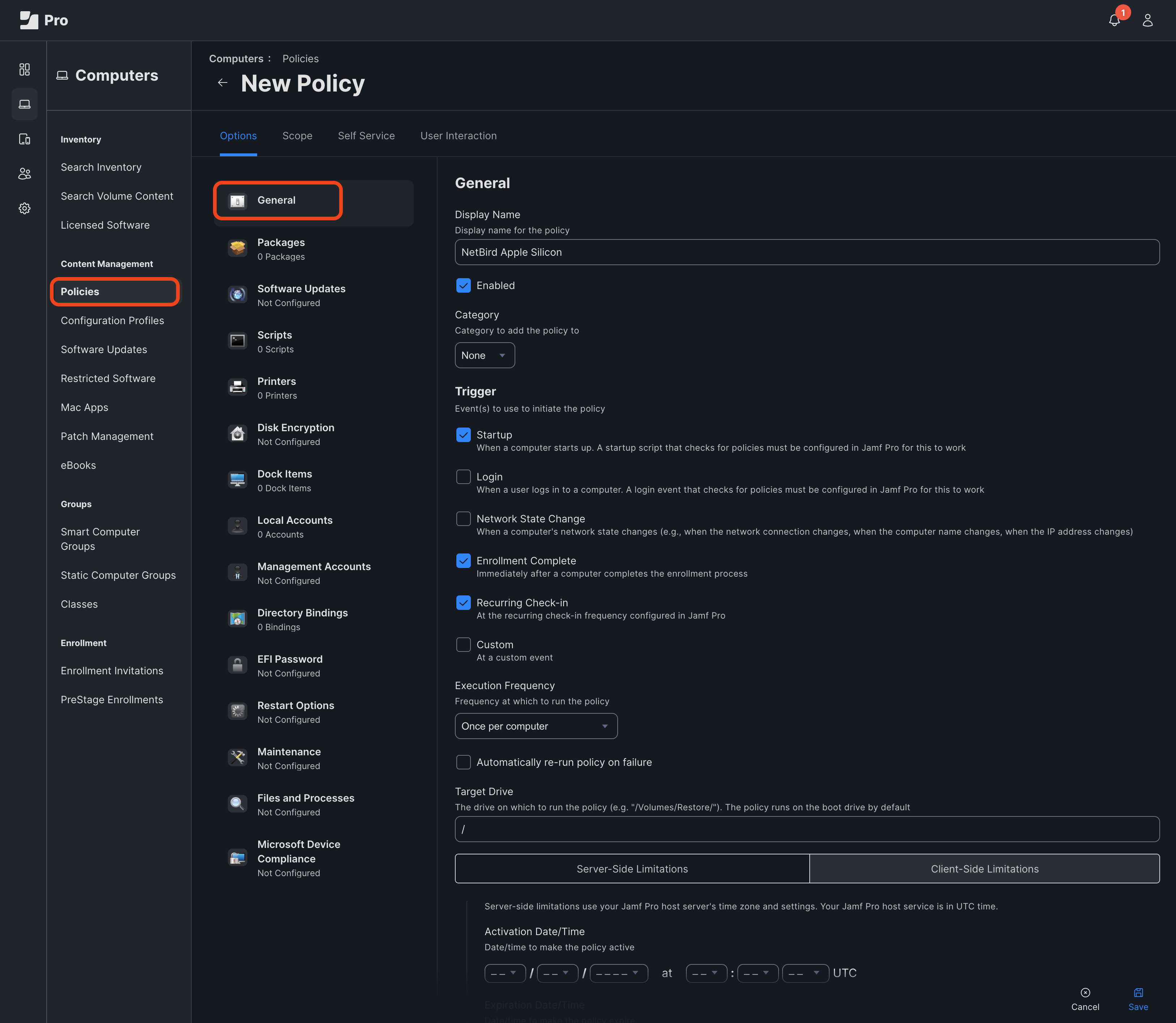 Jamf Pro policies, general section