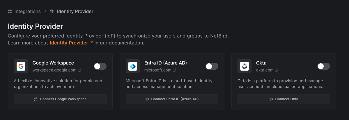 NetBird Identity Provider List