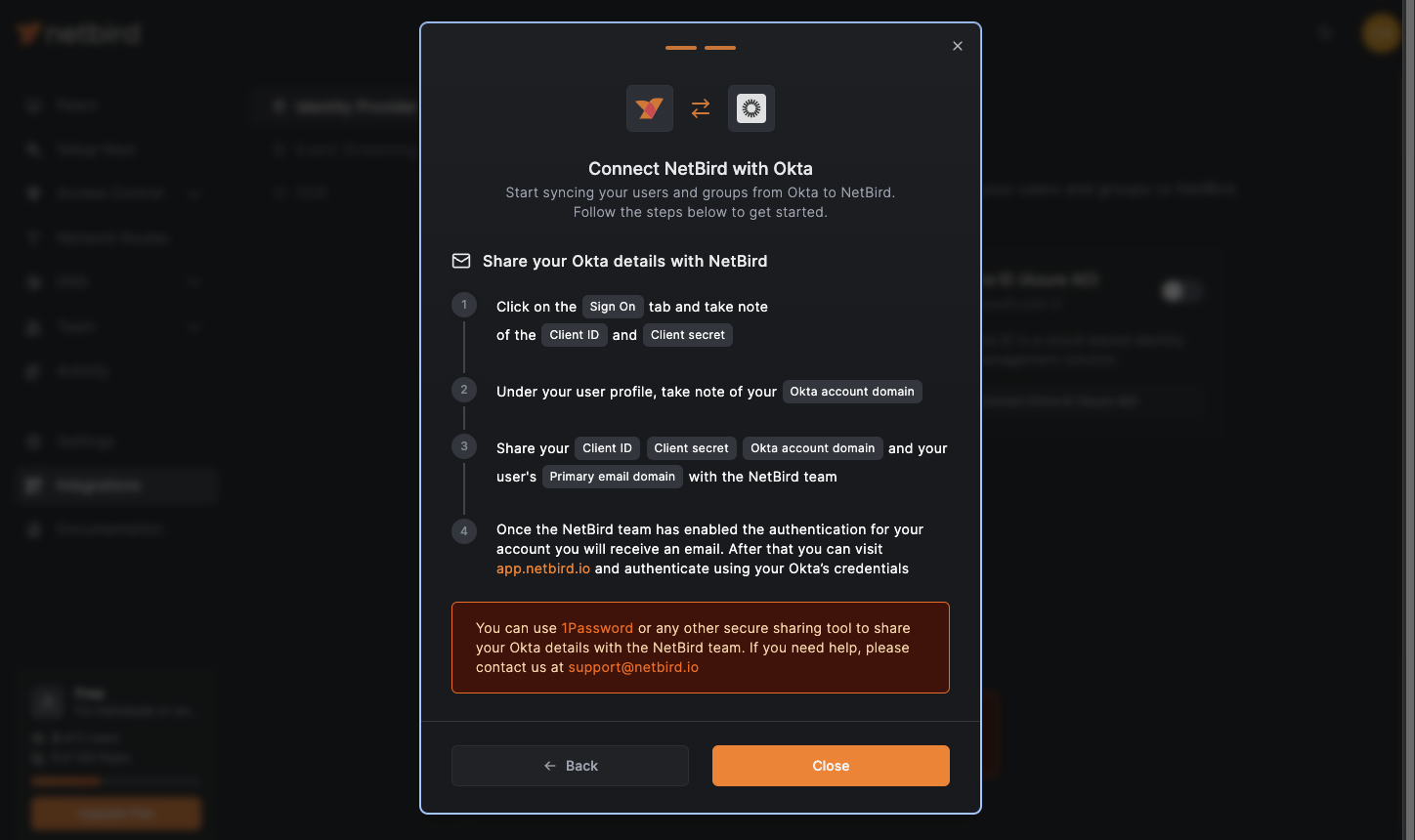 NetBird Connect NetBird with Okta Sharing Credentials