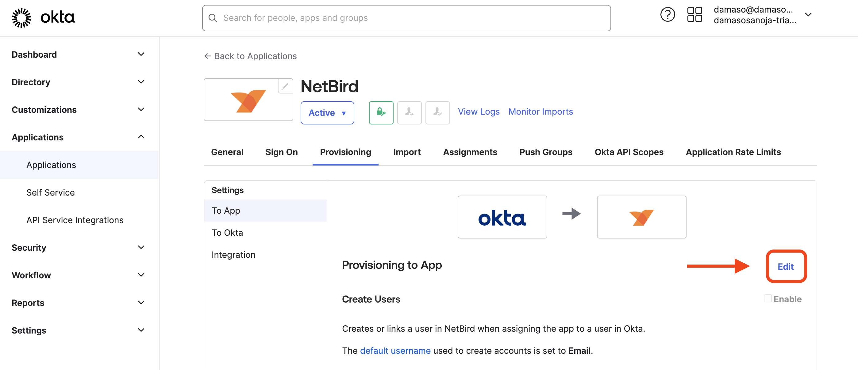 Okta Edit NetBird App