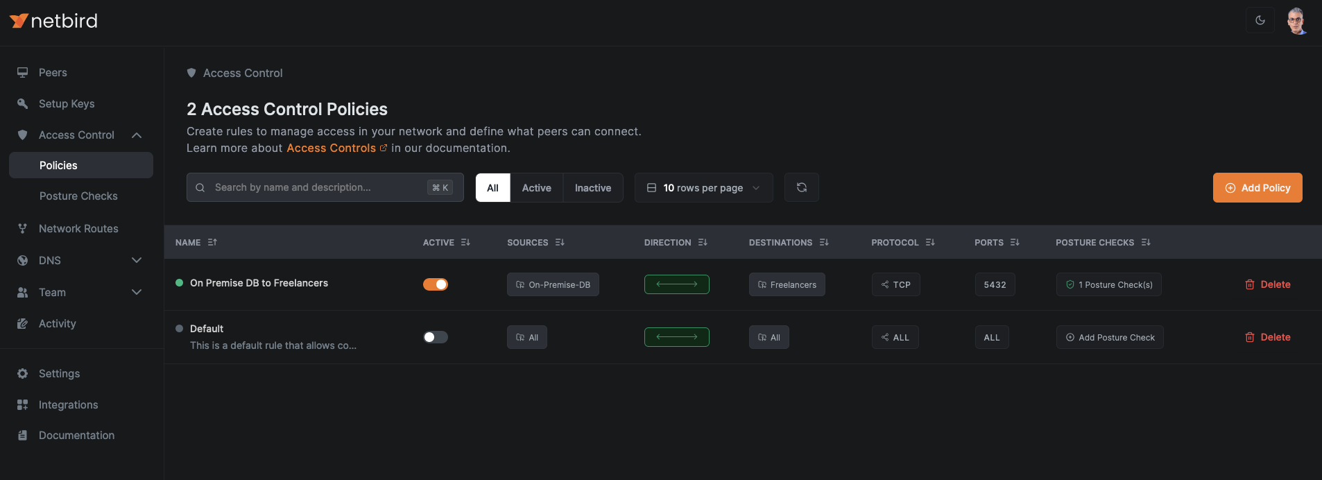 NetBird Access Policy View