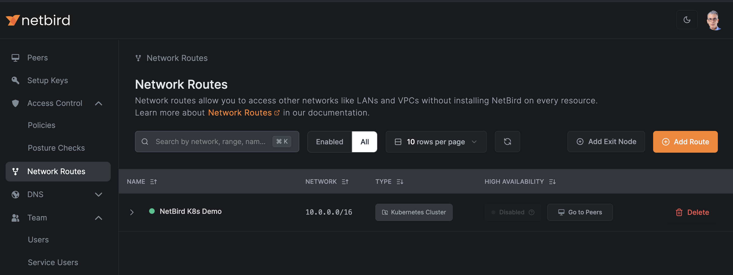 NetBird Network Route Created