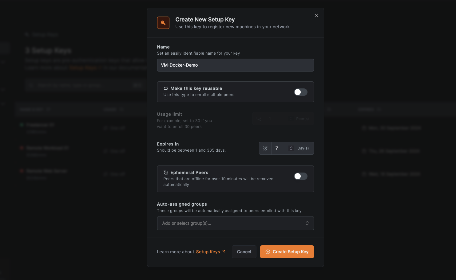 NetBird Generating Setup Key