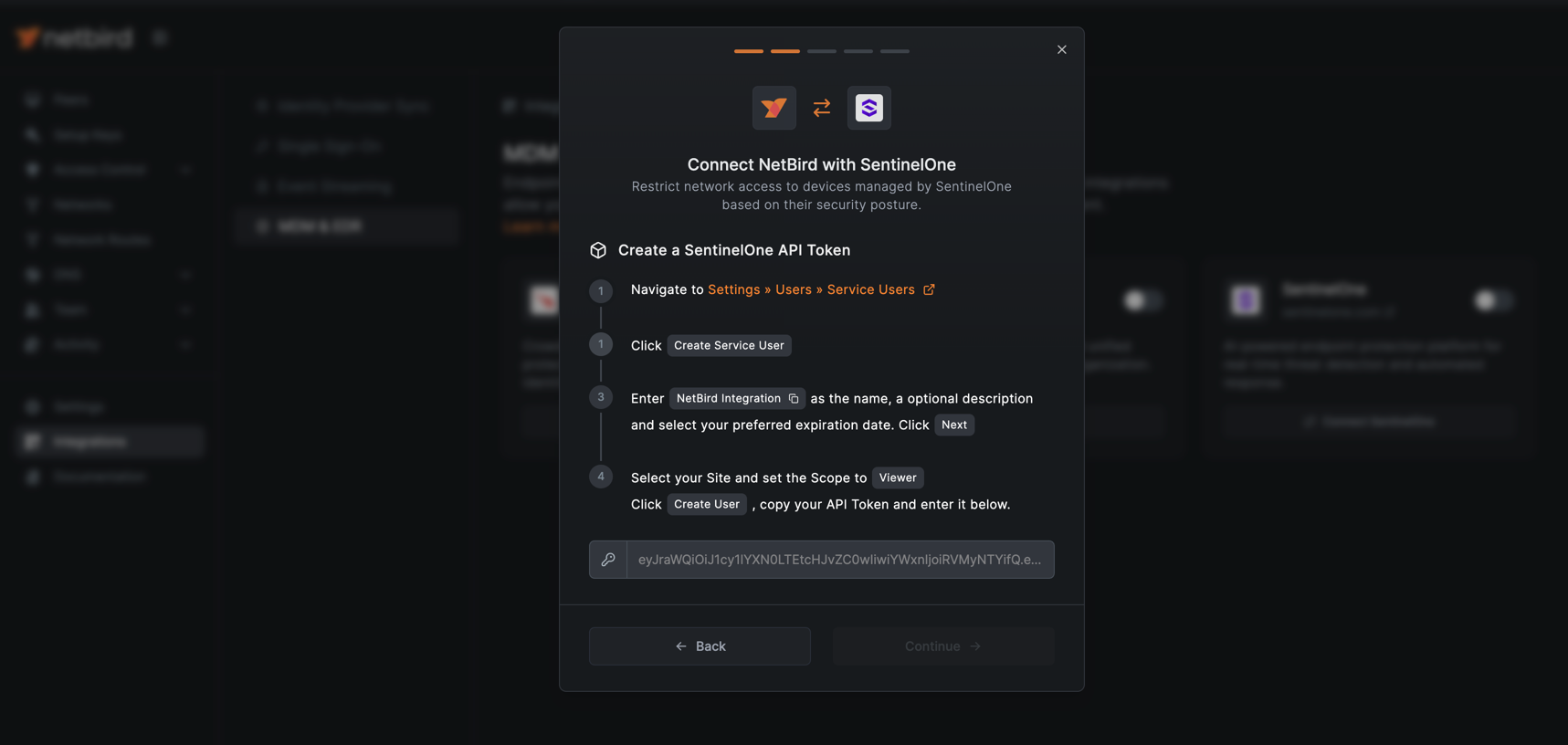 SentinelOne service user configuration