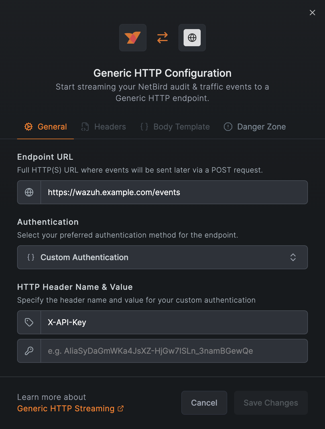 NetBird Generic HTTP integration configuration