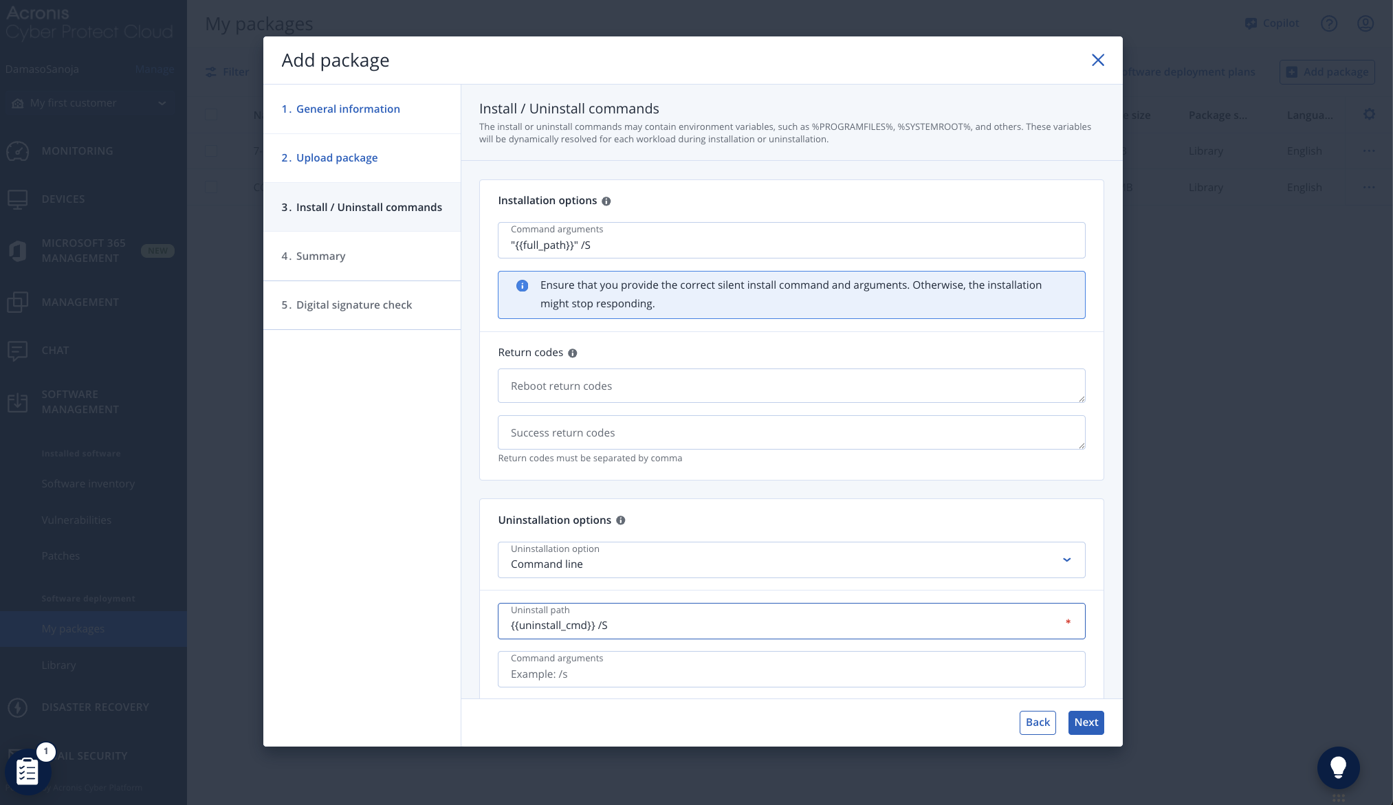 Install / Uninstall commands