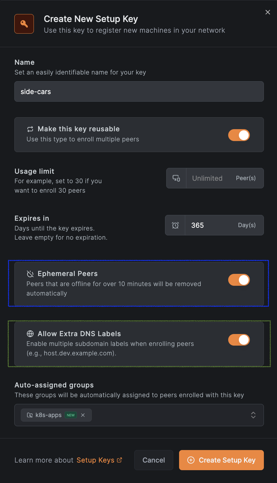 Setup keys with extra labels