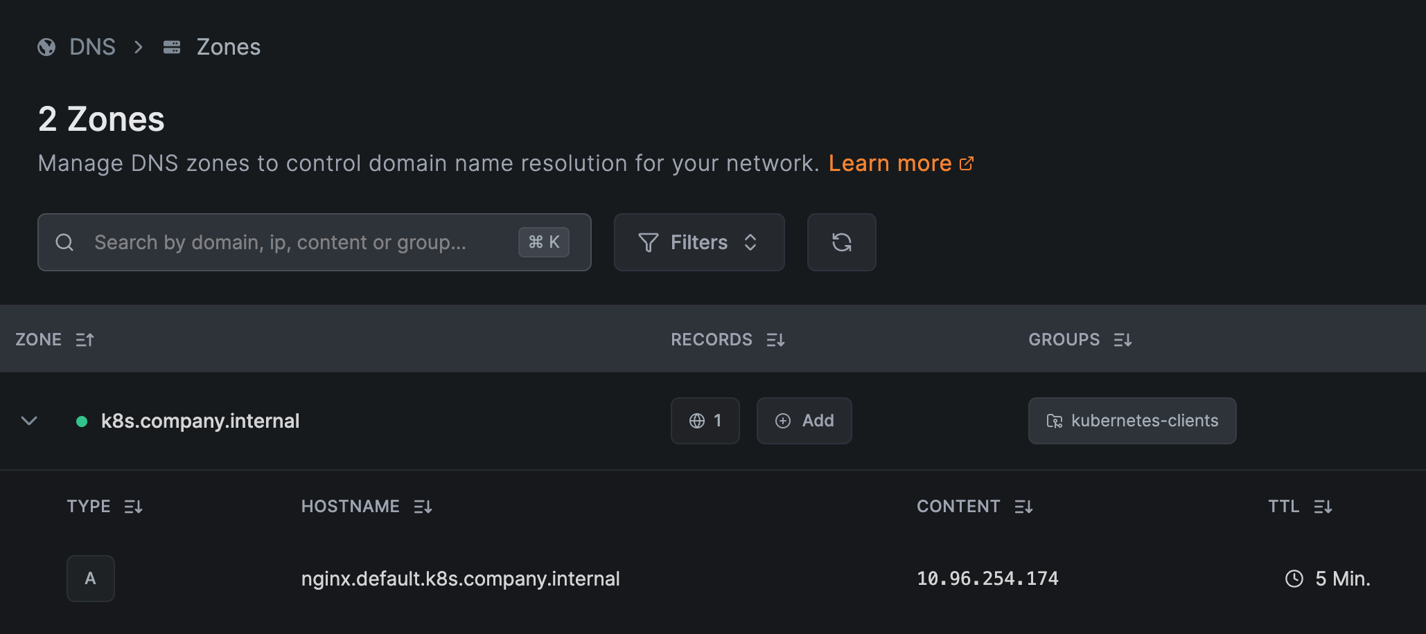 The k8s.company.internal custom DNS zone, distributed to the kubernetes-clients group, with the operator-created nginx record