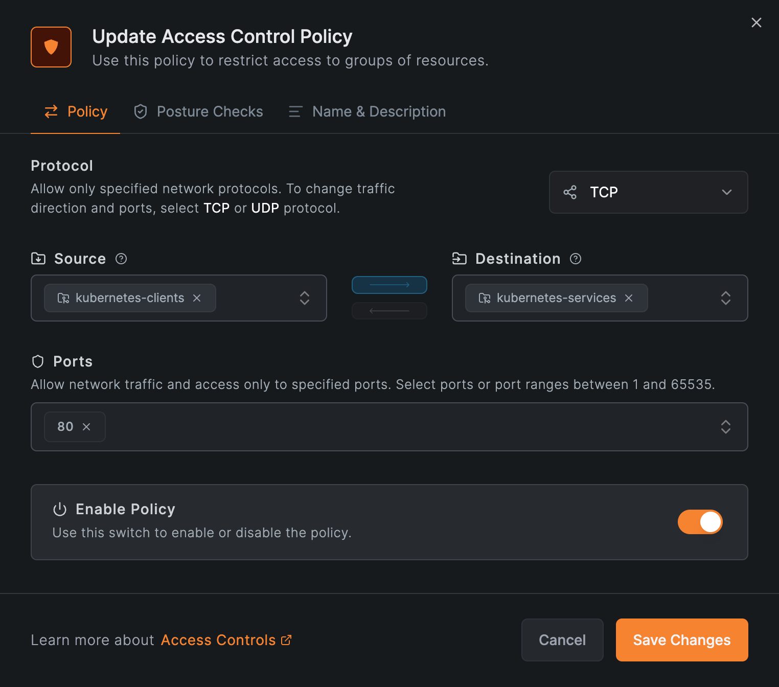 The kubernetes-access policy allowing kubernetes-clients to reach kubernetes-services over TCP 80