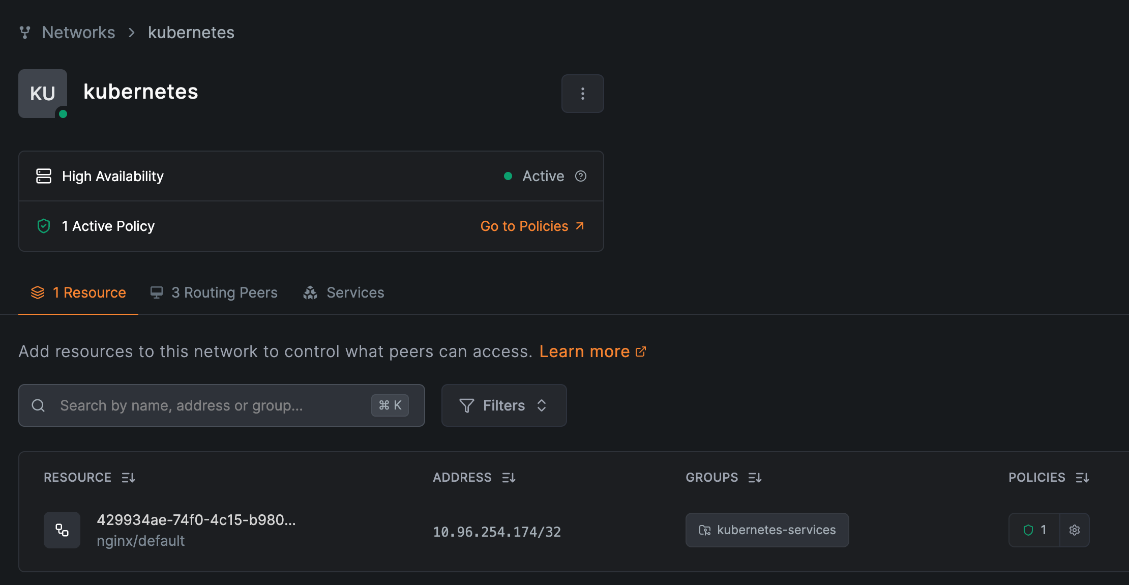 The kubernetes network with its routing peers and the nginx resource