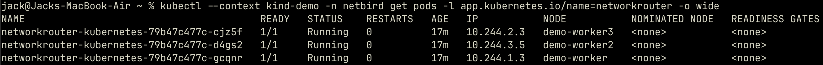 kubectl get pods -o wide showing the routing peers on different nodes