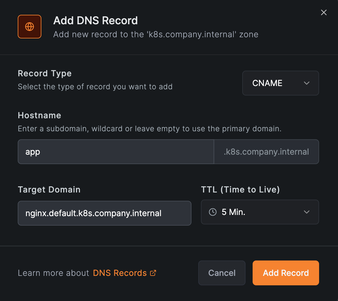 Adding a CNAME record with hostname app targeting nginx.default.k8s.company.internal in the k8s.company.internal zone