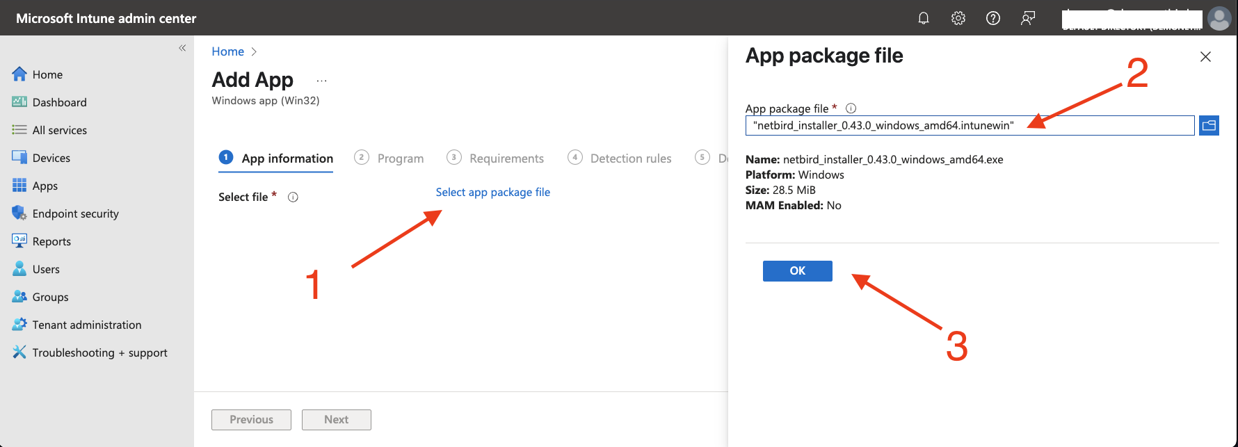 Upload NetBird Intunewin