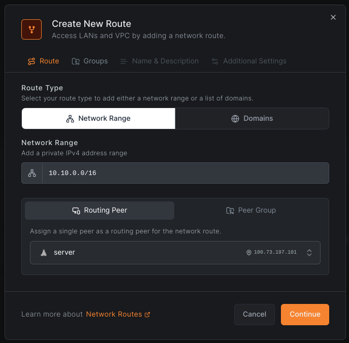 Network route configuration with access control