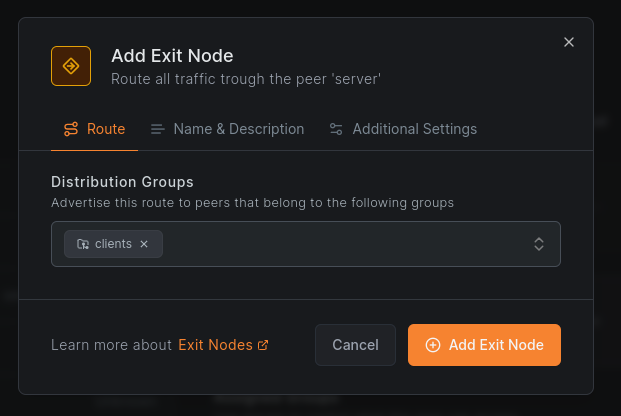 Add exit node dialog
