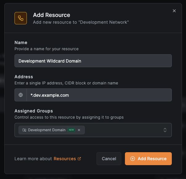 Add Development Wildcard Resource