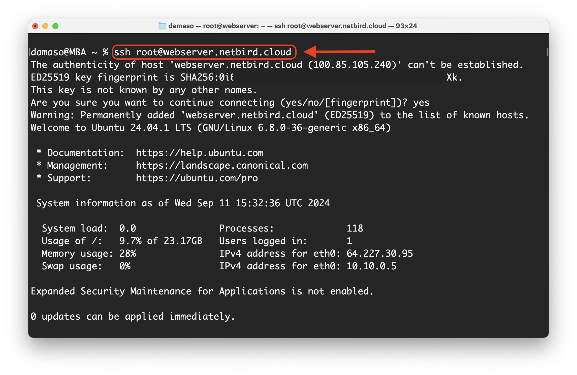 Terminal SSH into Web Server using NetBird domain