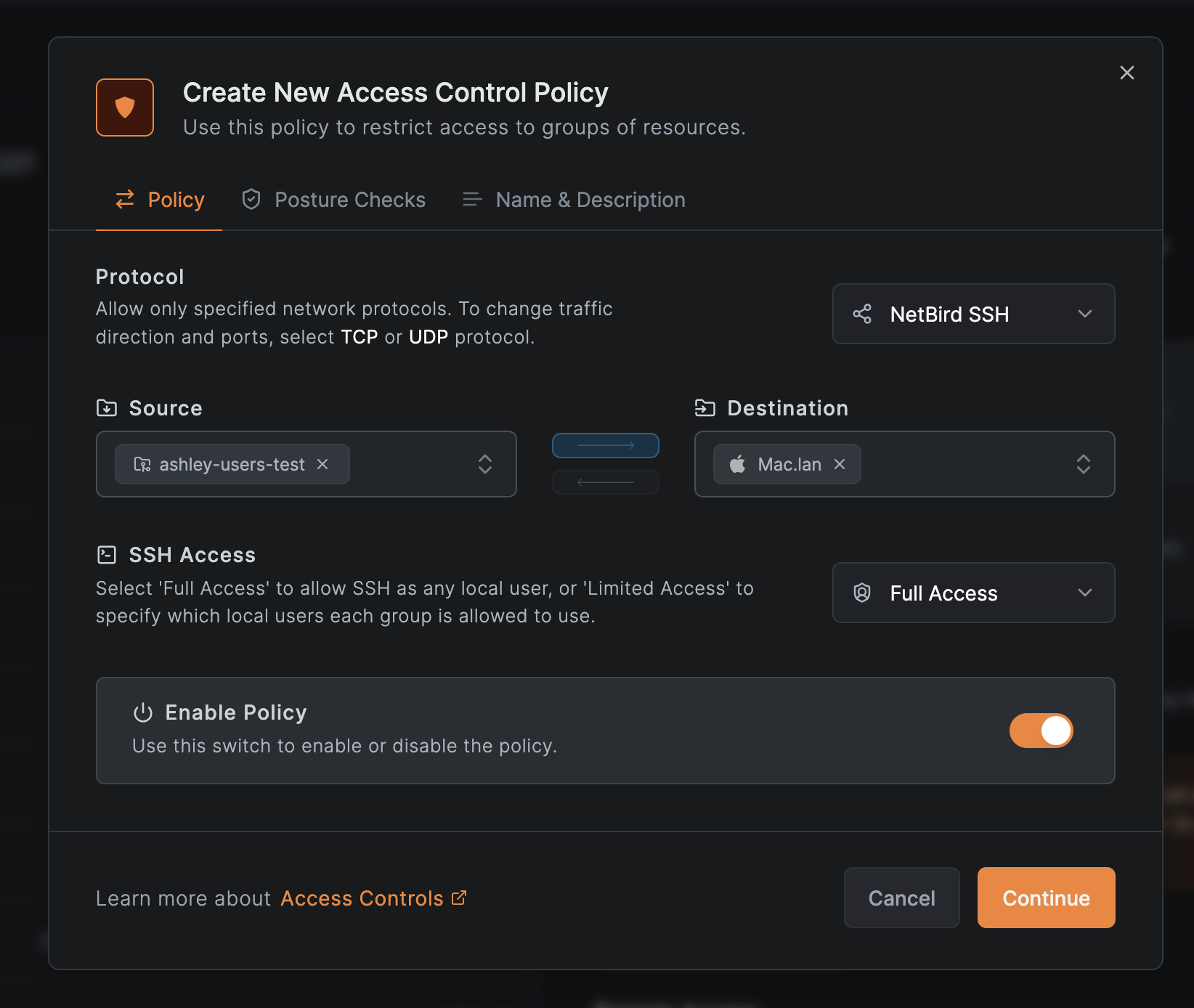 netbird ssh access policy