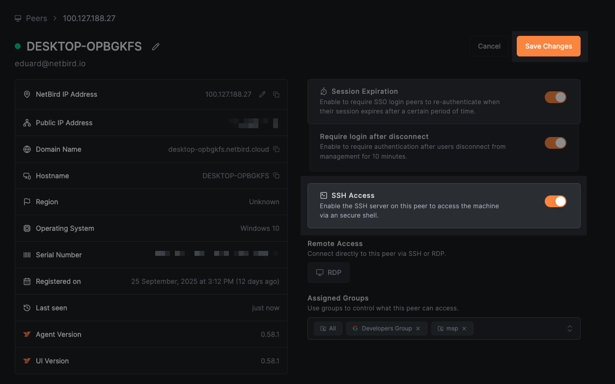 netbird ssh dashboard