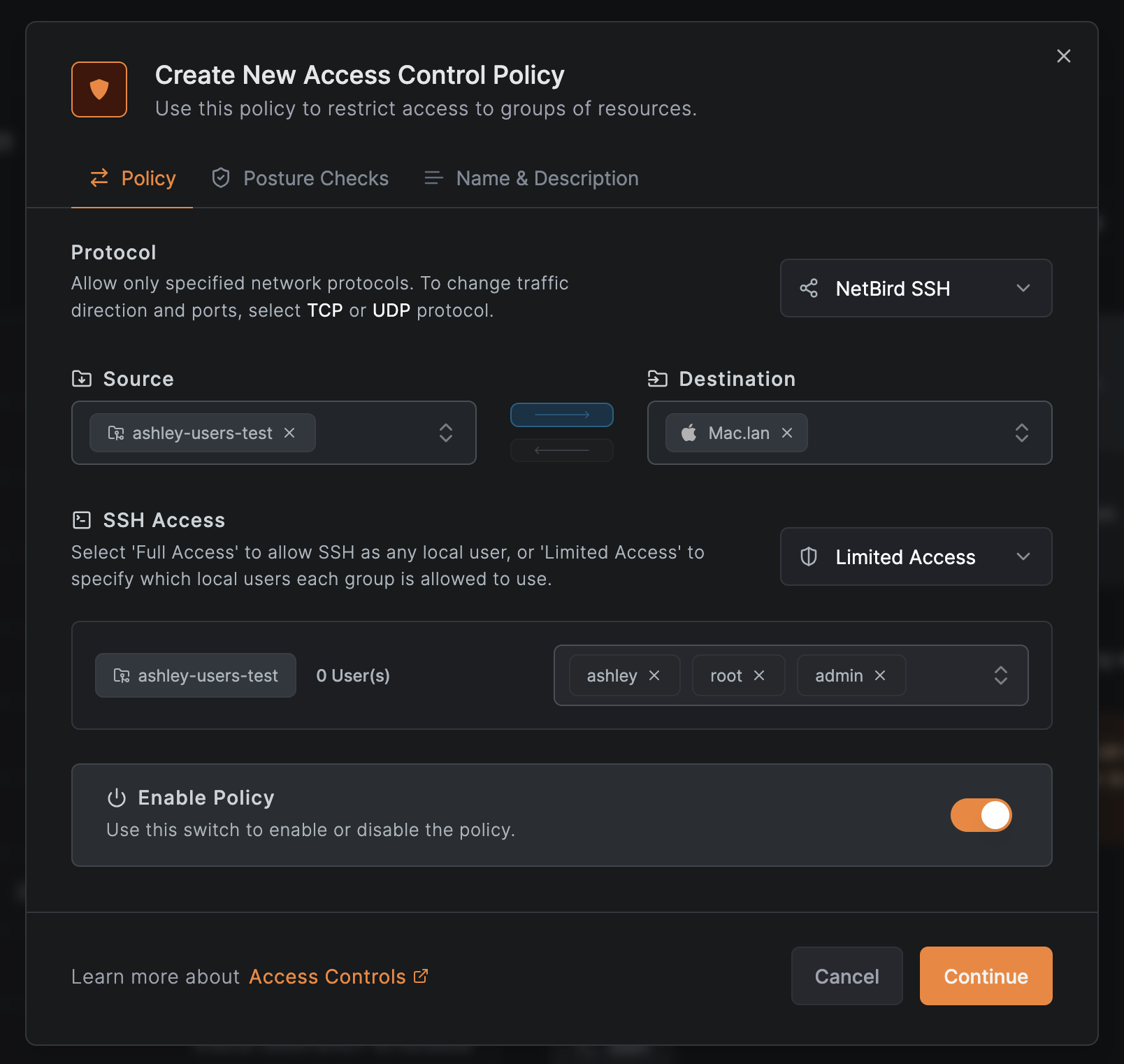 netbird ssh fine grained access policy