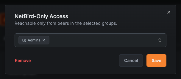 NetBird-Only Access configuration modal with access group selection