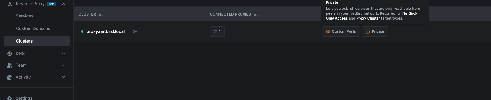 Clusters page row showing the Private feature badge in the Features column
