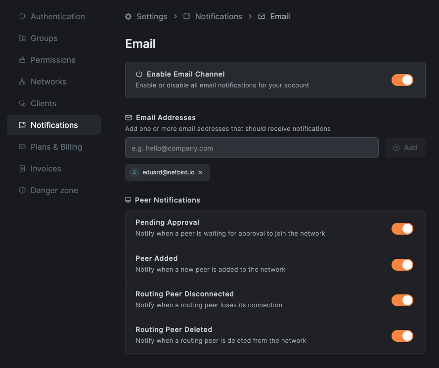 Email notification channel configuration with recipients and event toggles