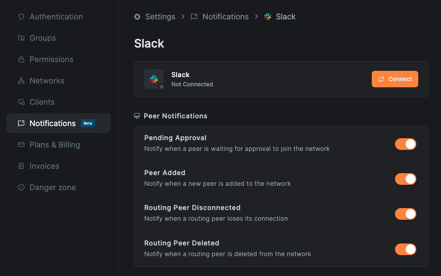 Slack notification channel page with Connect button