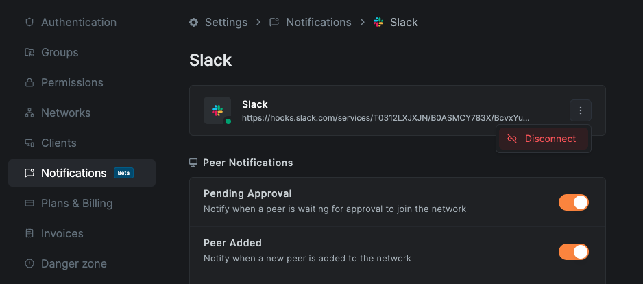 Slack channel disconnect option in the dropdown menu