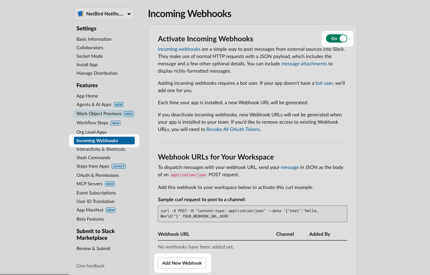 Slack Incoming Webhooks settings page