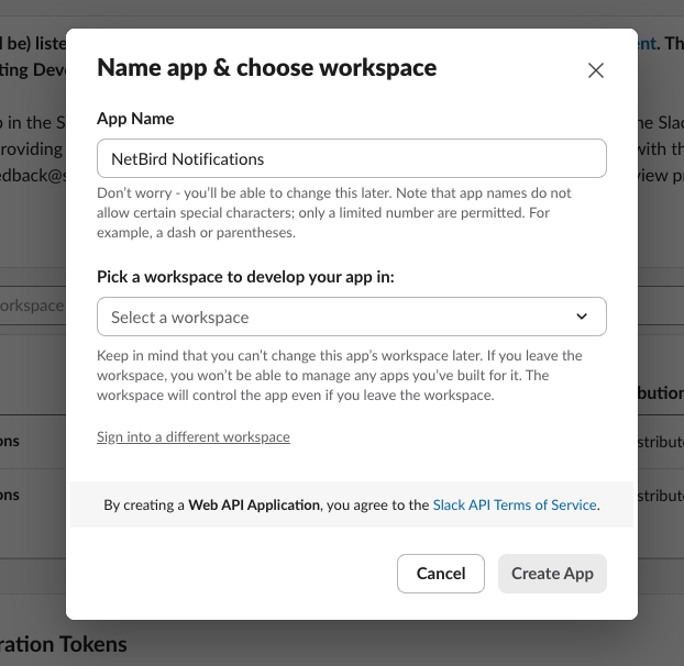 Slack app creation - naming and workspace selection