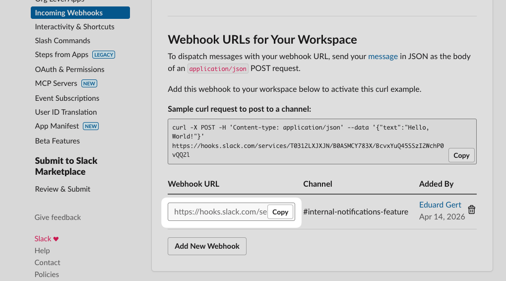 Copying the Slack webhook URL