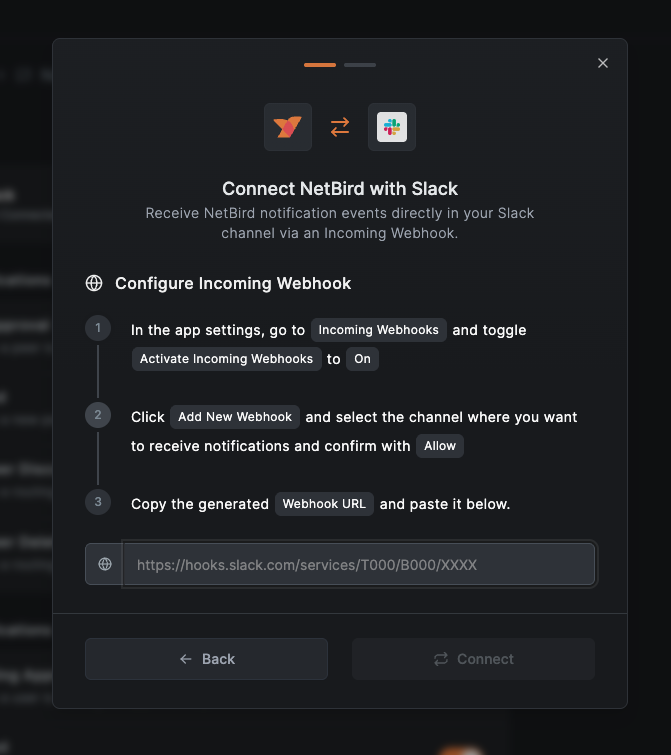 Connect NetBird with Slack - Step 2: Enter Webhook URL