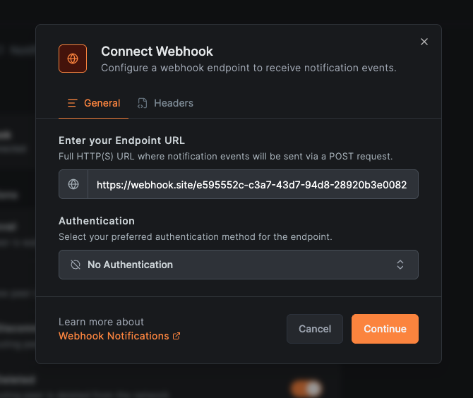 Connect Webhook modal showing the General tab with endpoint URL and authentication options