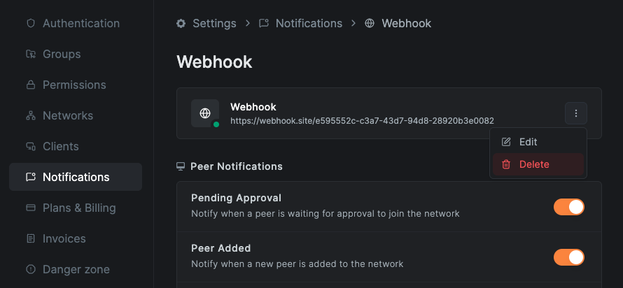 Webhook channel page showing Edit and Delete options for a connected webhook