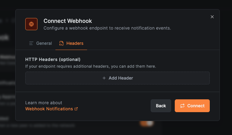 Connect Webhook modal showing the Headers tab for adding custom HTTP headers