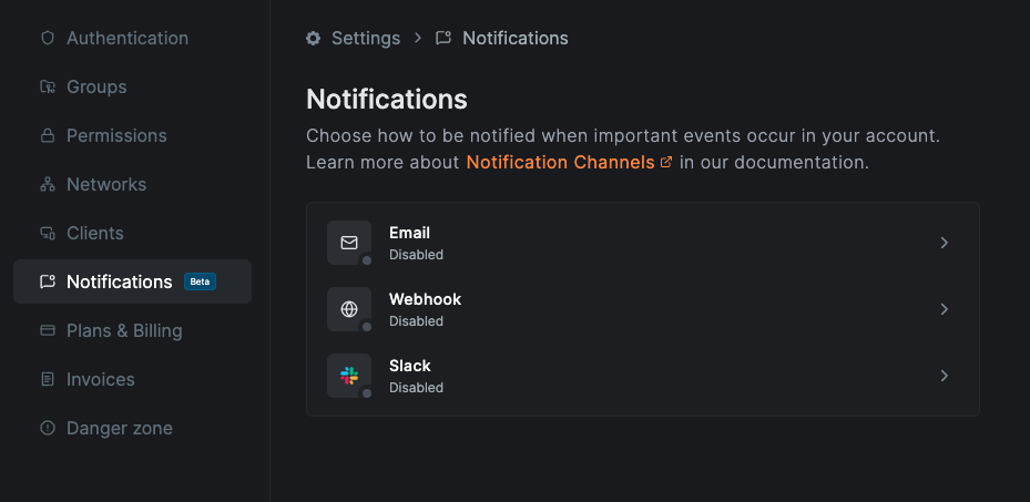 Notifications overview showing Email, Webhook, and Slack channels