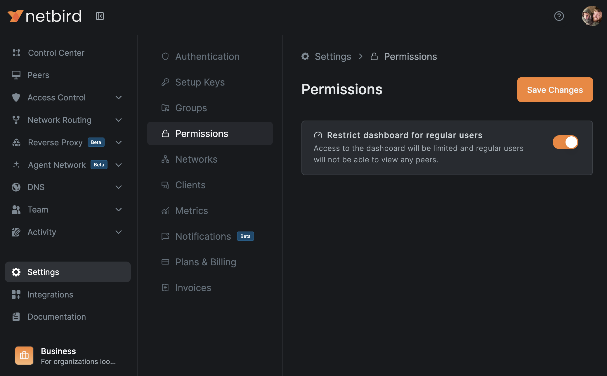 Restrict dashboard for regular users setting in the Permissions tab