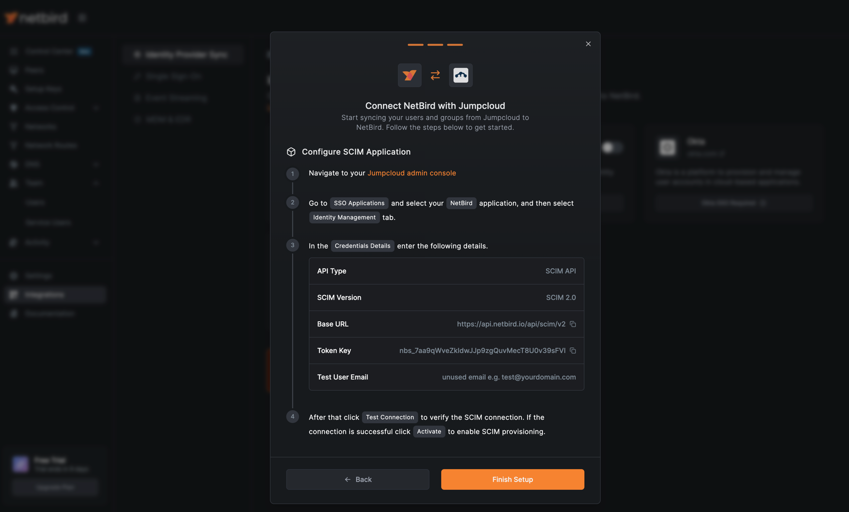 NetBird Jumpcloud SCIM Credentials
