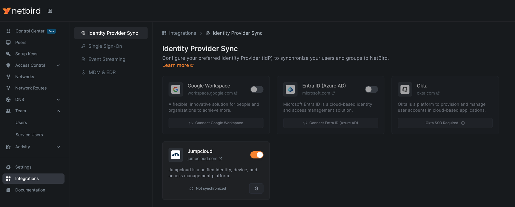 NetBird Jumpcloud SCIM Enabled