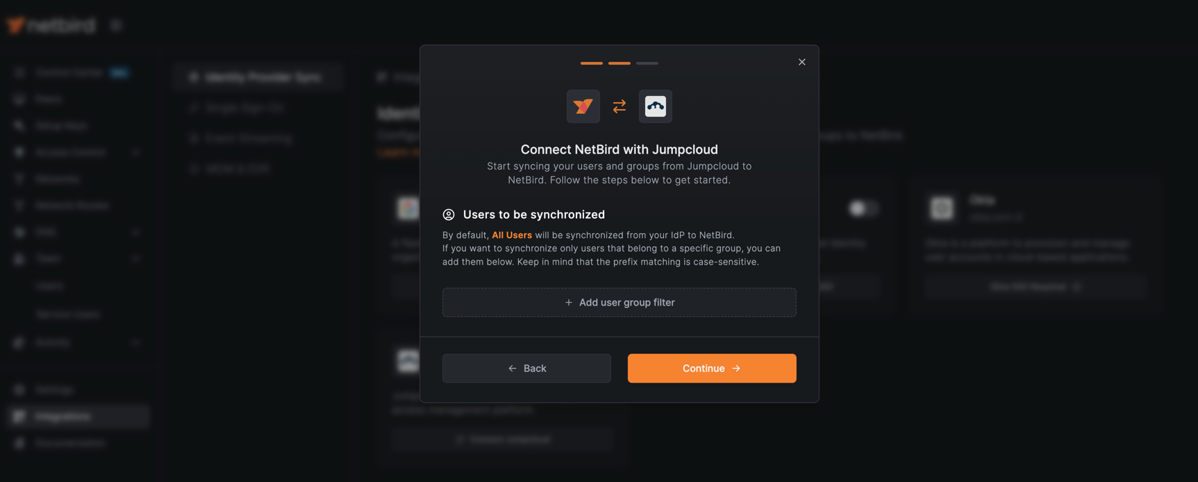 NetBird Jumpcloud User Group Filter