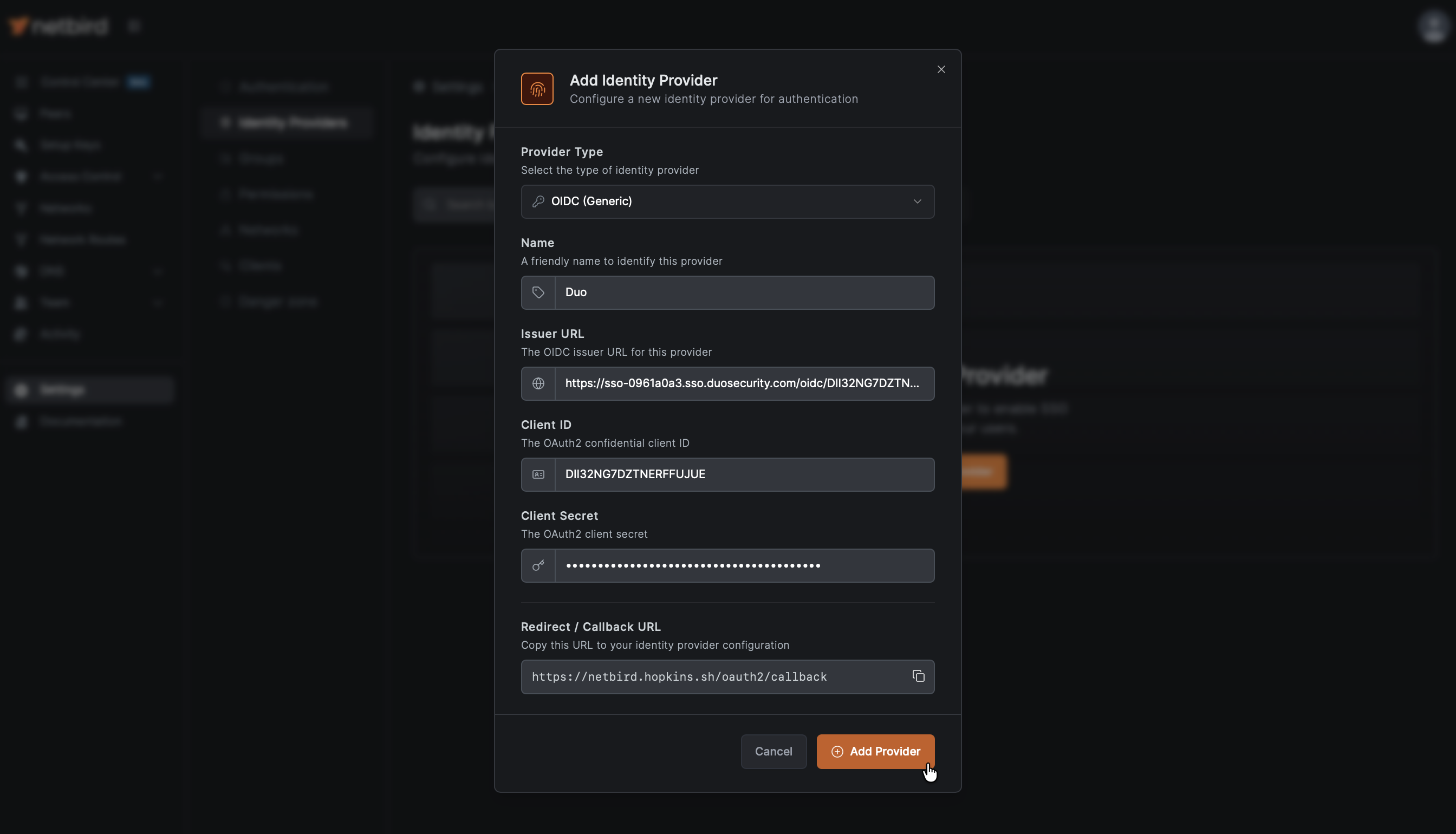 Duo configuration in NetBird
